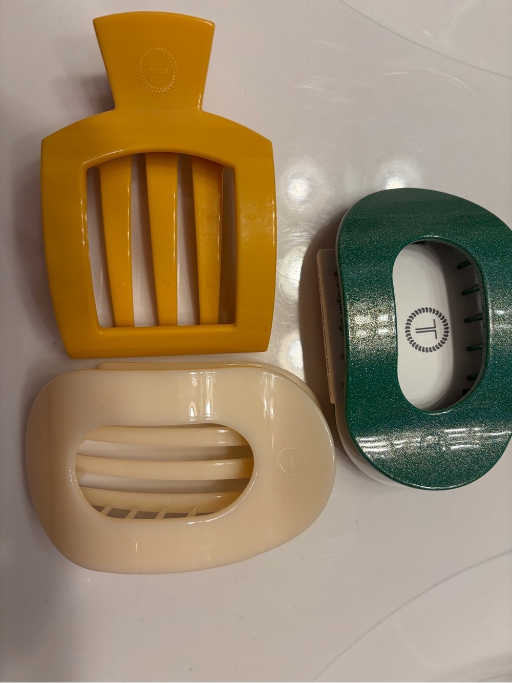 Teleties Hair Clip Trio — Green, Mustard, Cream Size Large